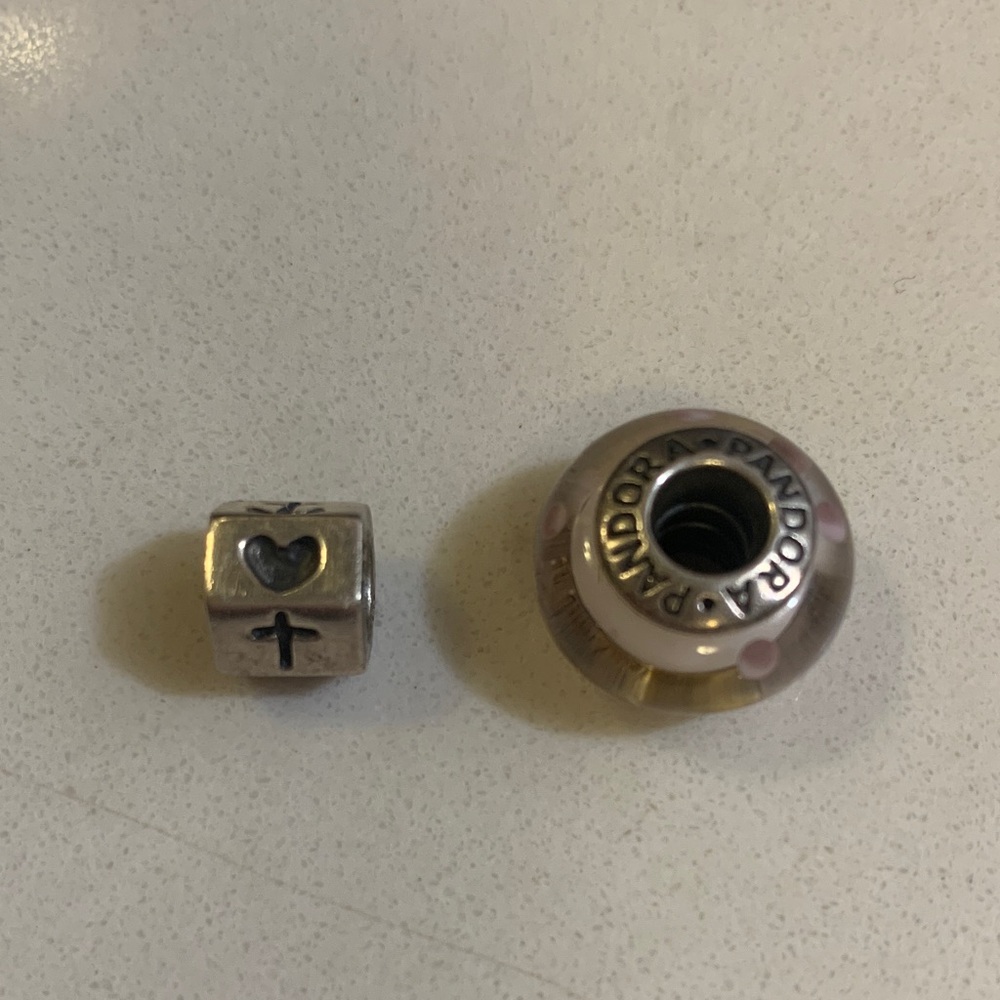 Pair of Pandora charms - Silver “ faith, hope & love”and Pink murano glass Charm